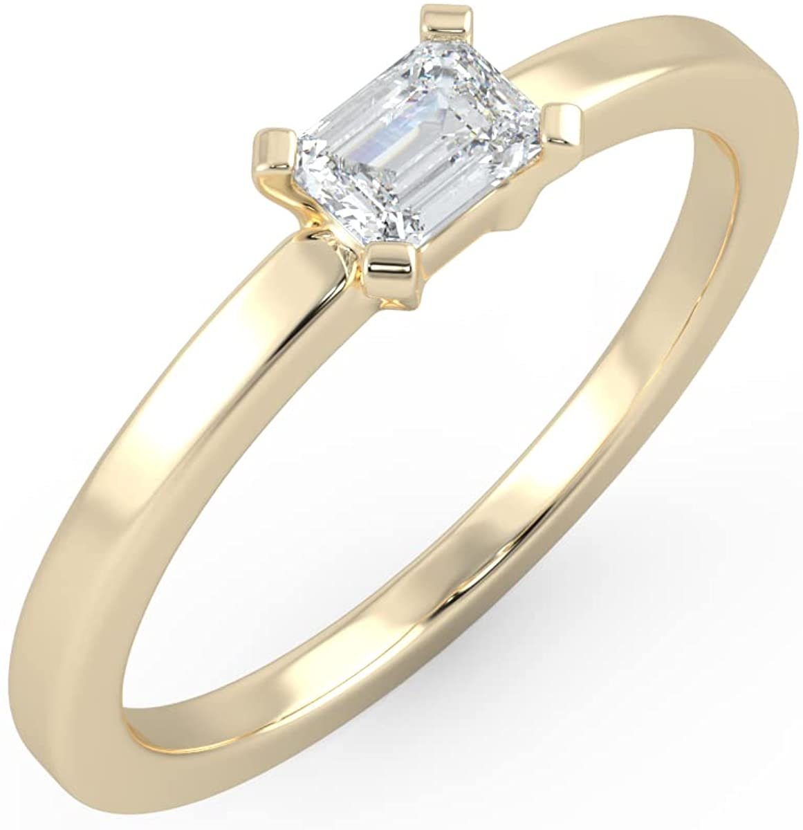 IGI Certified 1/4 Ct Emerald Cut Lab Grown Diamond 14K Gold Horizontal Solitaire Engagement Ring (G-H Color, VS1-VS2 Clarity) - Choice of Gold Color