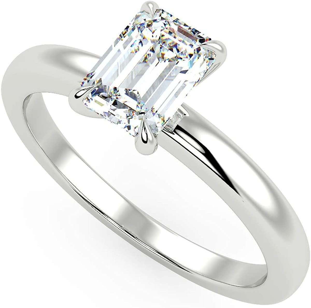 IGI Certified 14K White Gold 9/10 to 2.0 Carat Emerald-Cut Lab Created Diamond Classic Solitaire Engagement Ring (G-H Color, VS1-VS2 Clarity)