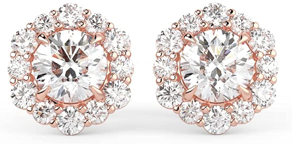 IGI Certified 14K Gold 1.0 Cttw Brilliant-Cut Lab Created Diamond Halo Earrings Pavé-Set (G-H Color, VS1-VS2 Clarity) - Choice of Gold Color