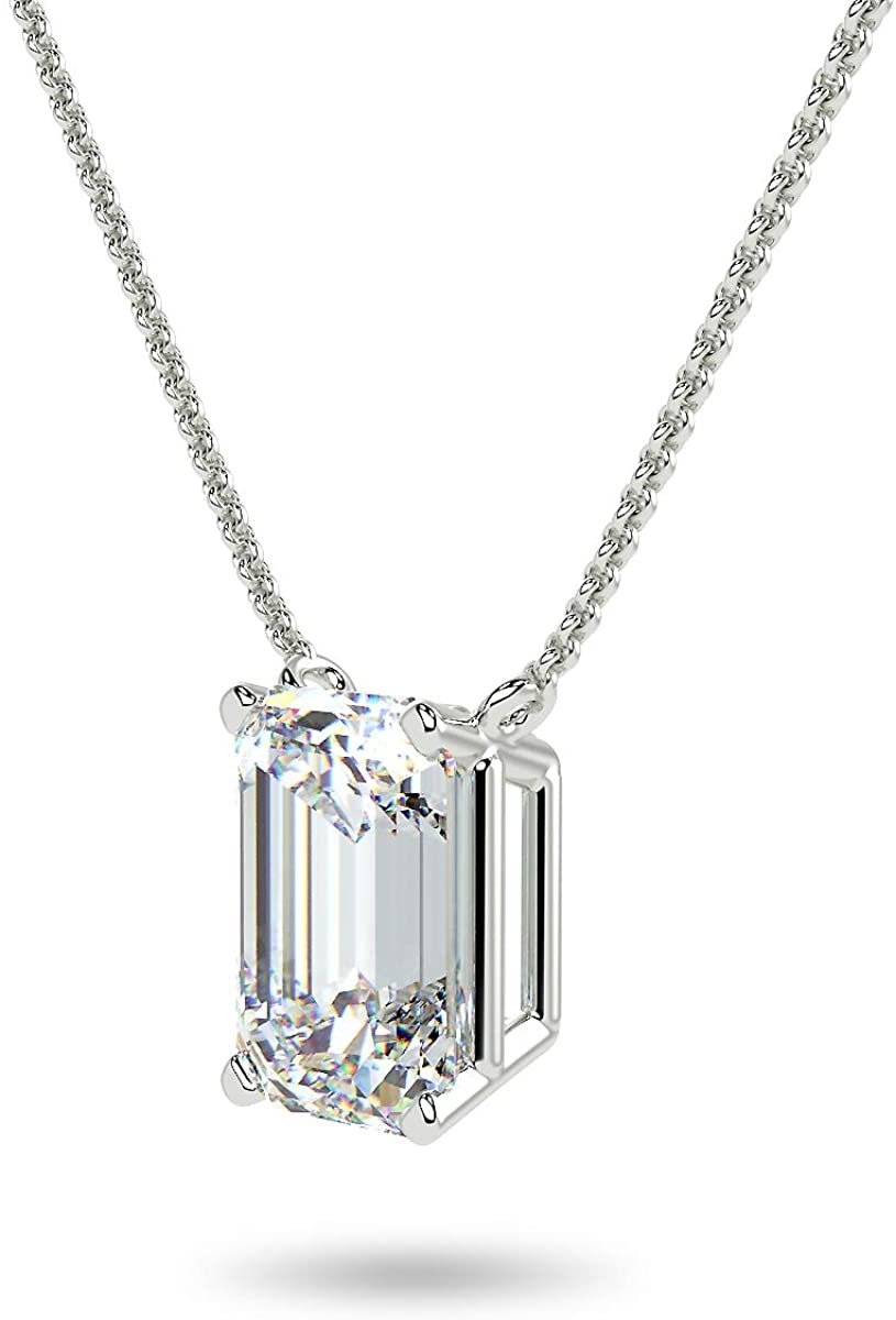 IGI Certified 14K Gold 1/3 to 1-1/2 Carat Rectangular Emerald-Cut Lab Grown Diamond Suspended Solitaire Pendant Necklace (G-H Color, VS1-VS2 Clarity), 18" - Choice of Gold Color, Weights