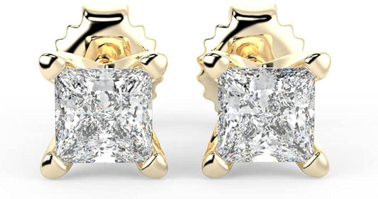 IGI Certified 1/2 Cttw Princess Cut Lab Grown Diamond 14K Gold 4-Prong Pushback Stud Earrings (G-H Color, VS1-VS2 Clarity) - Choice of Gold Color