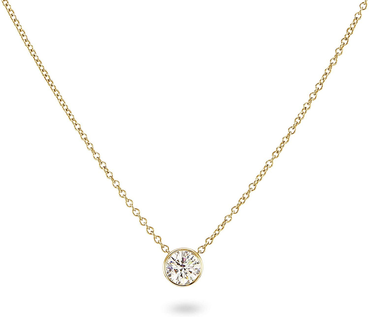 IGI Certified 14K Gold 1/4 to 1/2 Carat Round Brilliant Cut Lab Created Diamond Bezel-Set Solitaire Pendant Necklace (G-H Color, VS1-VS2 Clarity), 18" - Choice of Carat & Gold Color