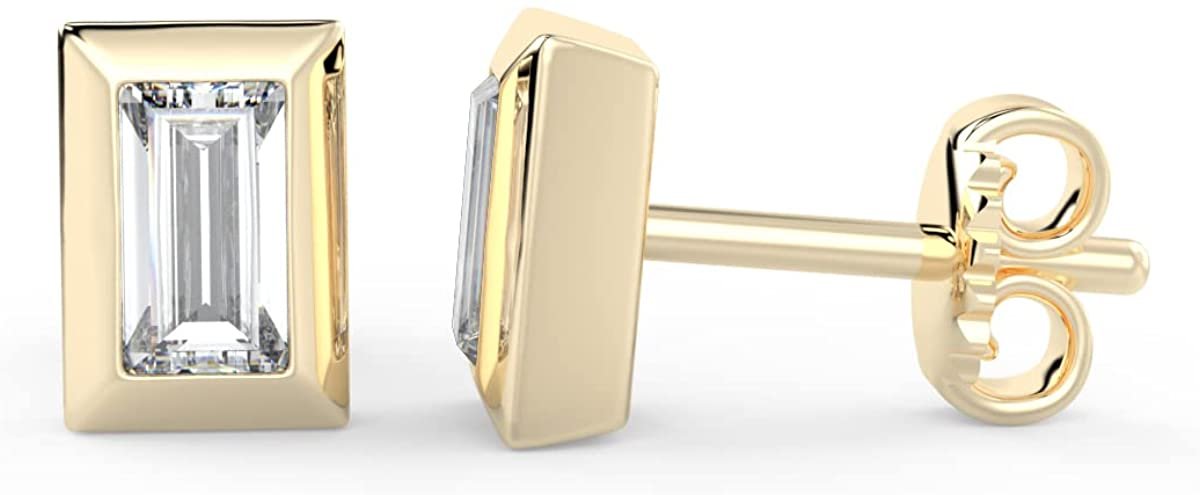IGI Certified 1/2 Cttw Baguette Emerald Shape Lab Grown Diamond 14K Gold Bezel Set Pushback Stud Earrings (G-H Color, VS1-VS2 Clarity) - Choice of Gold Color