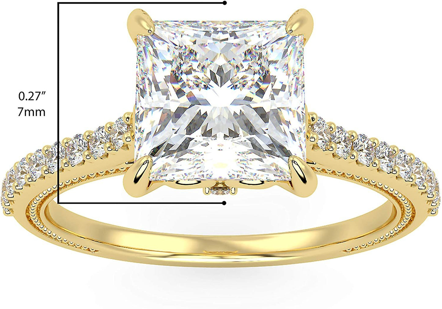IGI Certified 14K Yellow Gold Princess-Cut Lab Created Diamond Engagement Ring with Pavé Band (1.5 or 2.0 Carat Center Stone: G-H Color, VS1-VS2 Clarity)