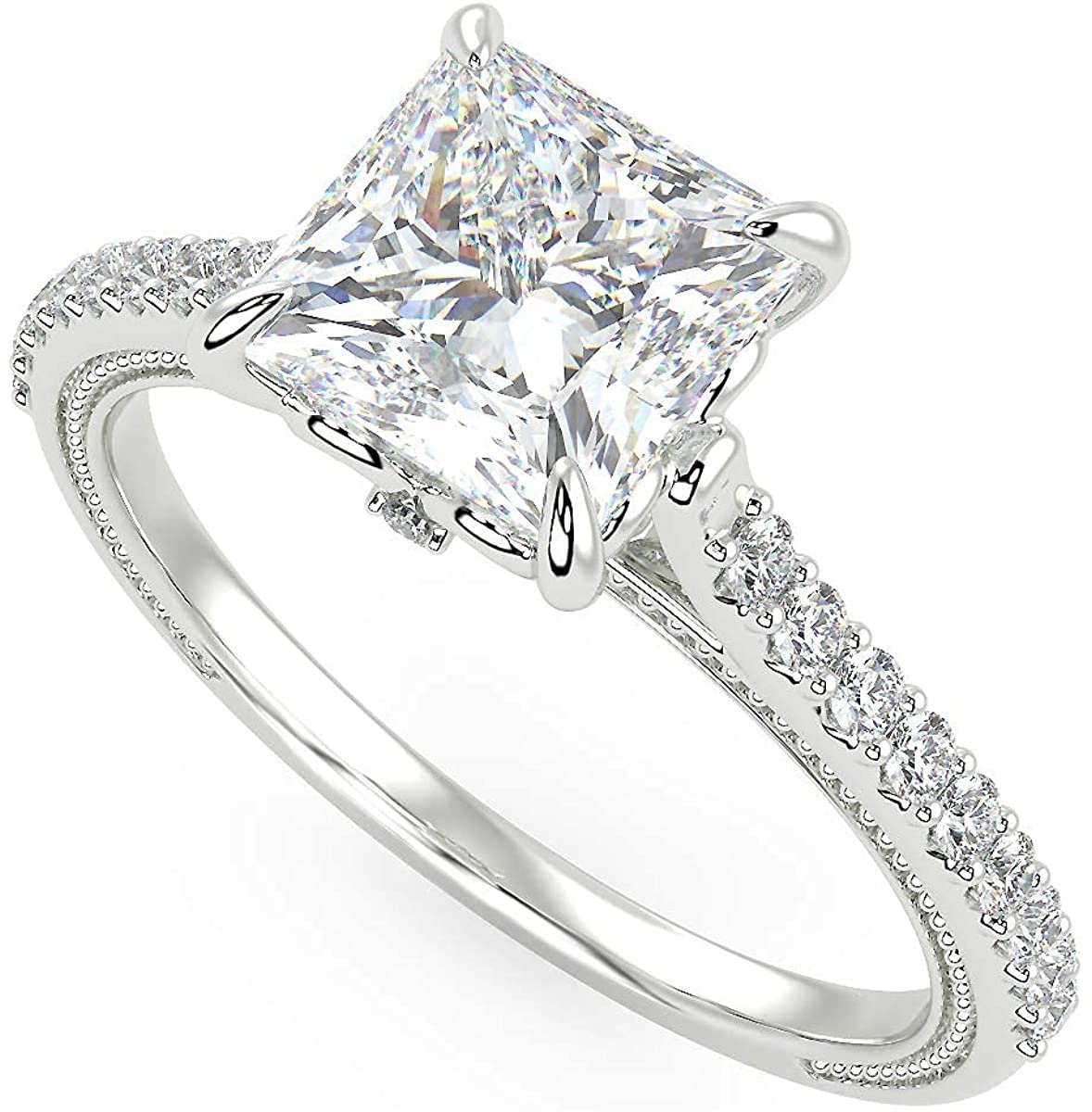 IGI Certified 14K White Gold 2-1/5 Cttw Princess-Cut Lab Created Diamond Square Solitaire Engagement Ring with Pavé Band (2.0 Carat Center Stone: G-H Color, VS1-VS2 Clarity) - Size 7