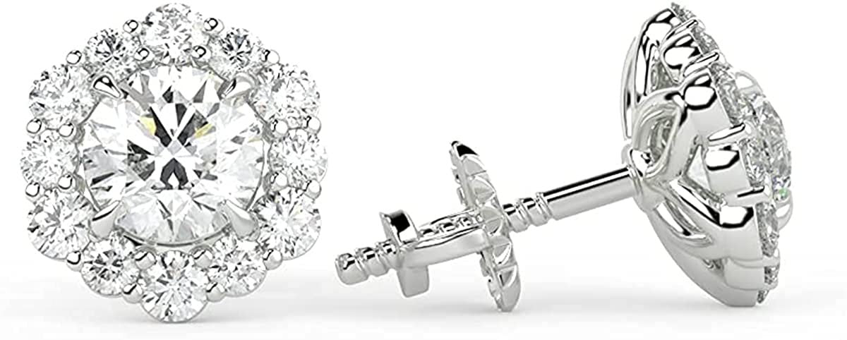 IGI Certified 14K Gold 1.0 Cttw Brilliant-Cut Lab Created Diamond Halo Earrings Pavé-Set (G-H Color, VS1-VS2 Clarity) - Choice of Gold Color