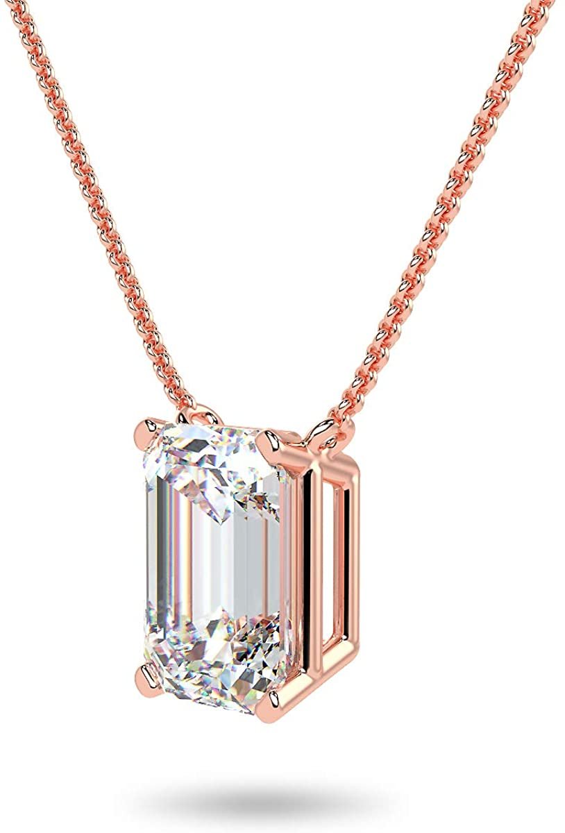 IGI Certified 14K Gold 1/3 to 1-1/2 Carat Rectangular Emerald-Cut Lab Grown Diamond Suspended Solitaire Pendant Necklace (G-H Color, VS1-VS2 Clarity), 18" - Choice of Gold Color, Weights