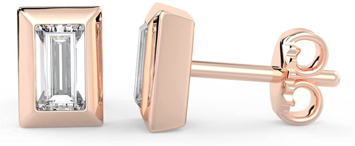 IGI Certified 1/2 Cttw Baguette Emerald Shape Lab Grown Diamond 14K Gold Bezel Set Pushback Stud Earrings (G-H Color, VS1-VS2 Clarity) - Choice of Gold Color