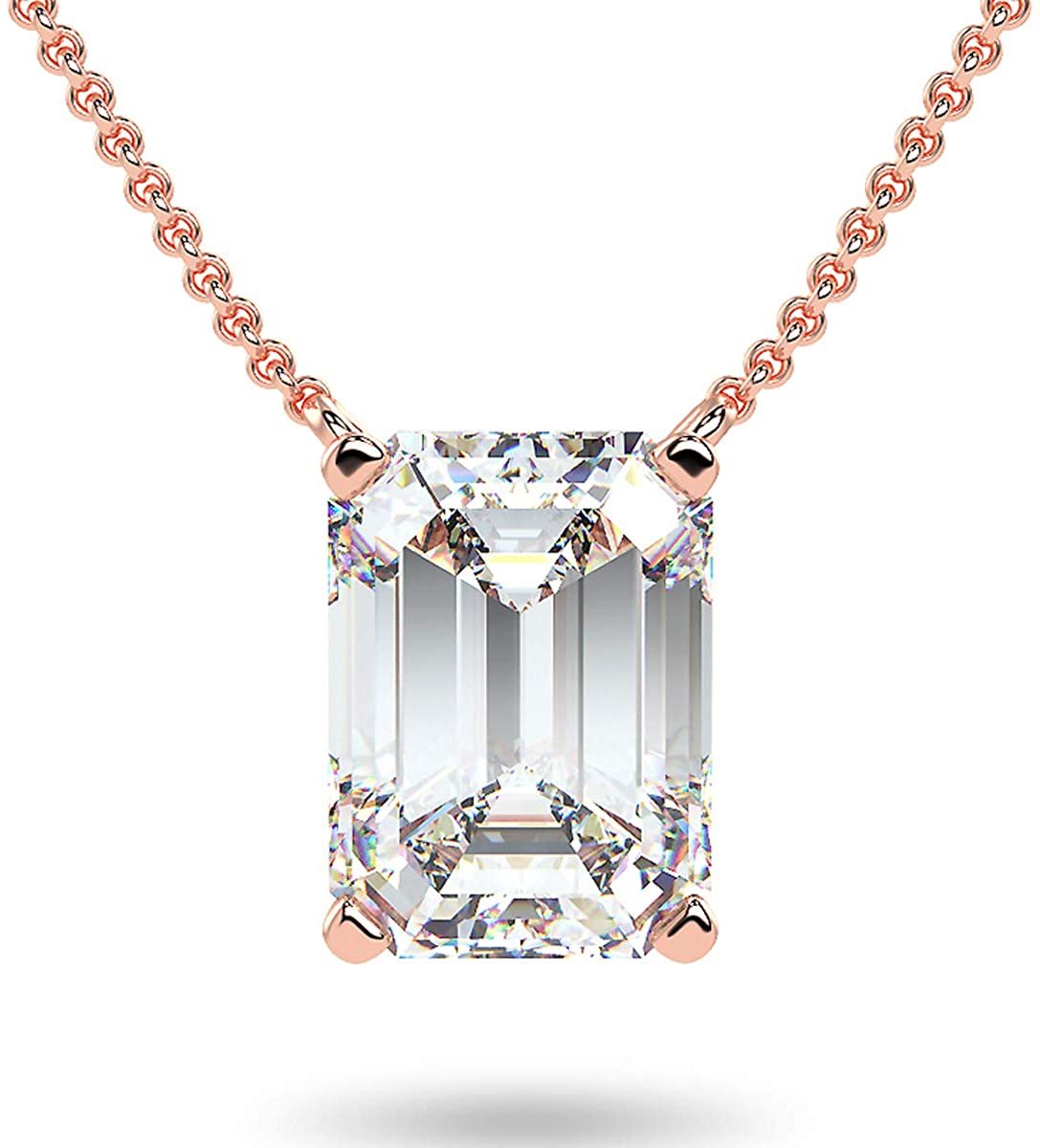 IGI Certified 14K Gold 1/3 to 1-1/2 Carat Rectangular Emerald-Cut Lab Grown Diamond Suspended Solitaire Pendant Necklace (G-H Color, VS1-VS2 Clarity), 18" - Choice of Gold Color, Weights