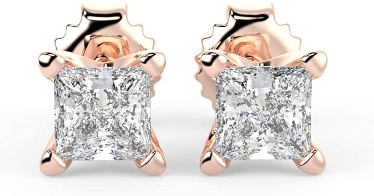 IGI Certified 1/2 Cttw Princess Cut Lab Grown Diamond 14K Gold 4-Prong Pushback Stud Earrings (G-H Color, VS1-VS2 Clarity) - Choice of Gold Color