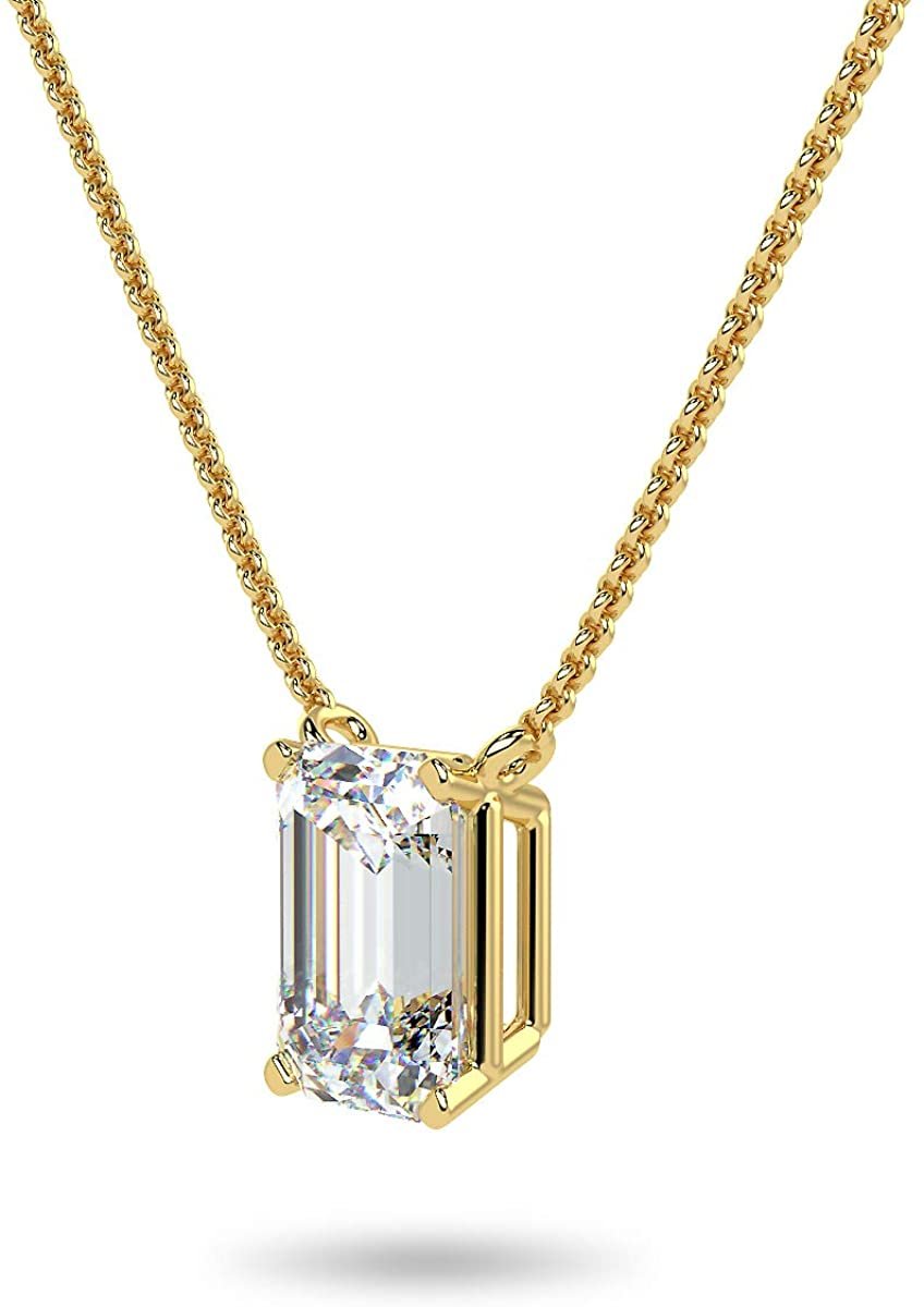 IGI Certified 14K Gold 1/3 to 1-1/2 Carat Rectangular Emerald-Cut Lab Grown Diamond Suspended Solitaire Pendant Necklace (G-H Color, VS1-VS2 Clarity), 18" - Choice of Gold Color, Weights