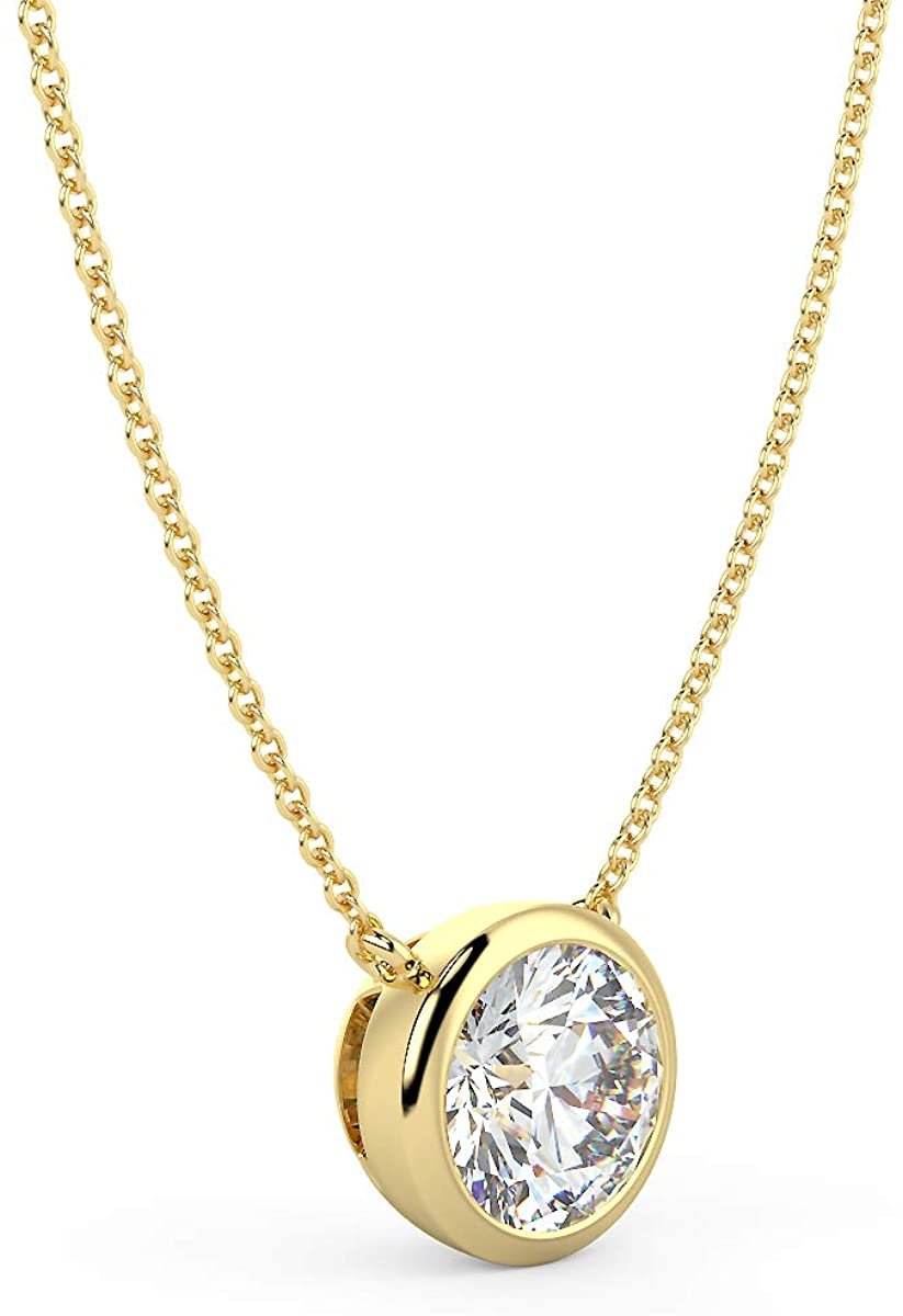 IGI Certified 14K Gold 1/4 to 1/2 Carat Round Brilliant Cut Lab Created Diamond Bezel-Set Solitaire Pendant Necklace (G-H Color, VS1-VS2 Clarity), 18" - Choice of Carat & Gold Color
