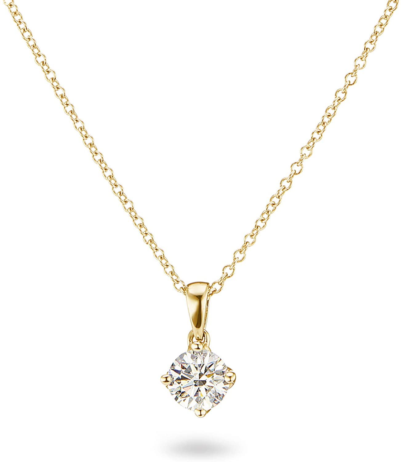 14K Gold 1/5 to 1/3 Carat Lab Grown Round-Cut Diamond Solitaire 4-Prong Pendant 16"-18" Necklace (G-H Color, VS1-VS2 Clarity) - Choice of Gold Color & Carat Weight