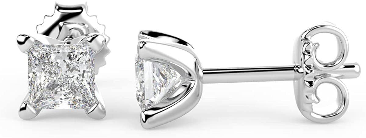 IGI Certified 1/2 Cttw Princess Cut Lab Grown Diamond 14K Gold 4-Prong Pushback Stud Earrings (G-H Color, VS1-VS2 Clarity) - Choice of Gold Color