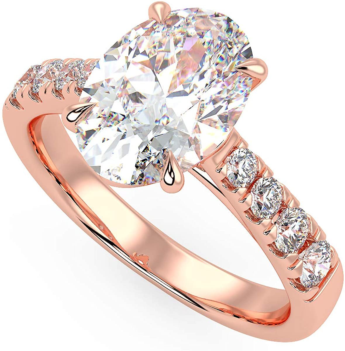 IGI Certified 14K Gold Oval-Shape Lab Created Diamond Engagement Ring with Pavé Set Band (1-1/2 Carat Center Stone: G-H Color, VS1-VS2 Clarity) - Choice of Gold Color
