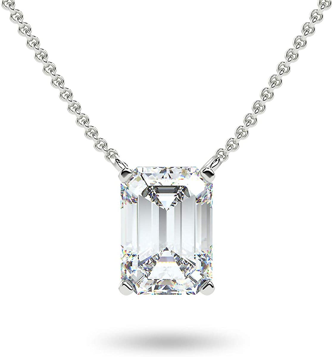 IGI Certified 14K Gold 1/3 to 1-1/2 Carat Rectangular Emerald-Cut Lab Grown Diamond Suspended Solitaire Pendant Necklace (G-H Color, VS1-VS2 Clarity), 18" - Choice of Gold Color, Weights