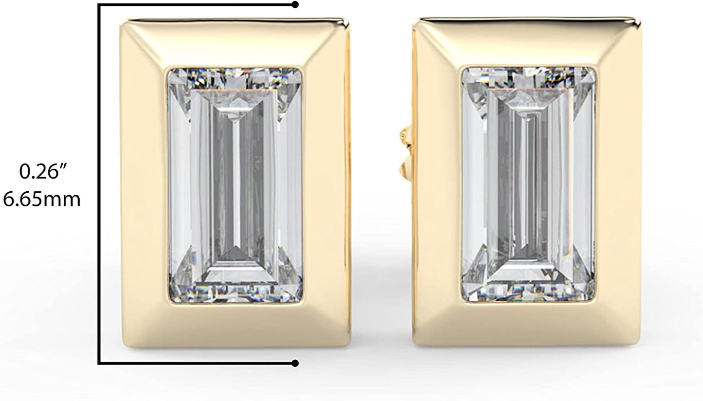 IGI Certified 1/2 Cttw Baguette Emerald Shape Lab Grown Diamond 14K Gold Bezel Set Pushback Stud Earrings (G-H Color, VS1-VS2 Clarity) - Choice of Gold Color