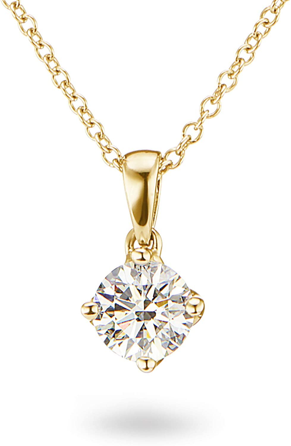 IGI Certified 14K Gold 1/4 to 2.0 Carat Round Brilliant Cut Lab Created Diamond Solitaire Pendant Necklace (G-J Color, VS1-SI2 Clarity), 18" - Choice of Carat & Gold Color