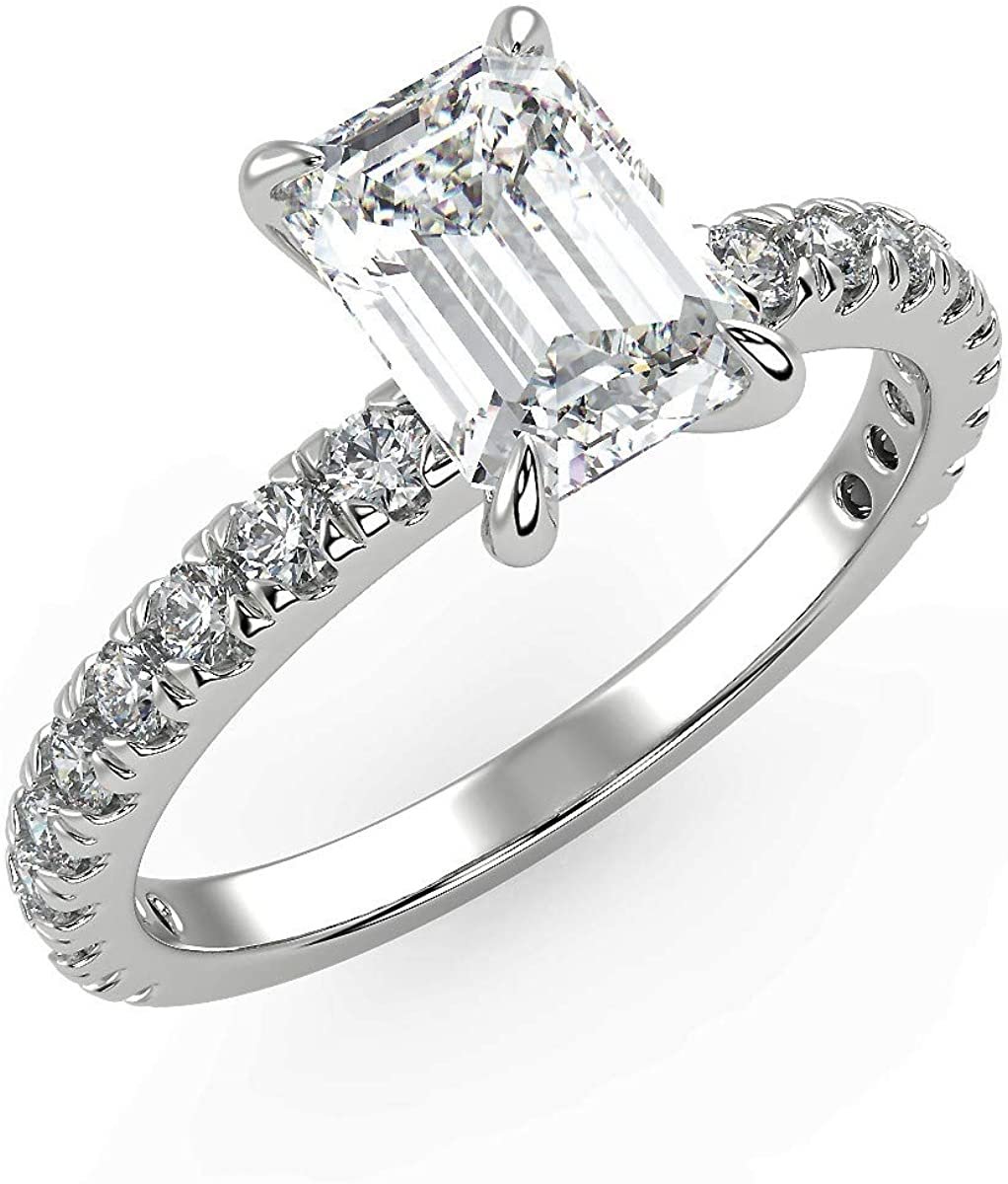 IGI Certified 14K White Gold 2-1/3 Cttw Emerald-Cut Lab Created Diamond Rectangle Solitaire Engagement Ring with Pavé Band (2.0 Carat Center Stone: G-H Color, VS1-VS2 Clarity) - Size 7