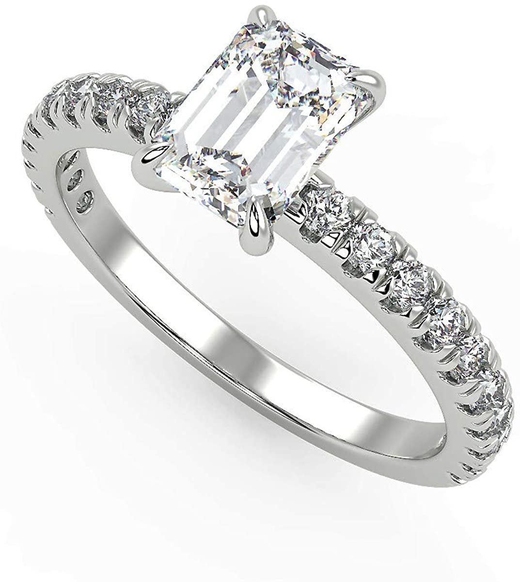 IGI Certified 14K White Gold 2-1/3 Cttw Emerald-Cut Lab Created Diamond Rectangle Solitaire Engagement Ring with Pavé Band (2.0 Carat Center Stone: G-H Color, VS1-VS2 Clarity) - Size 7
