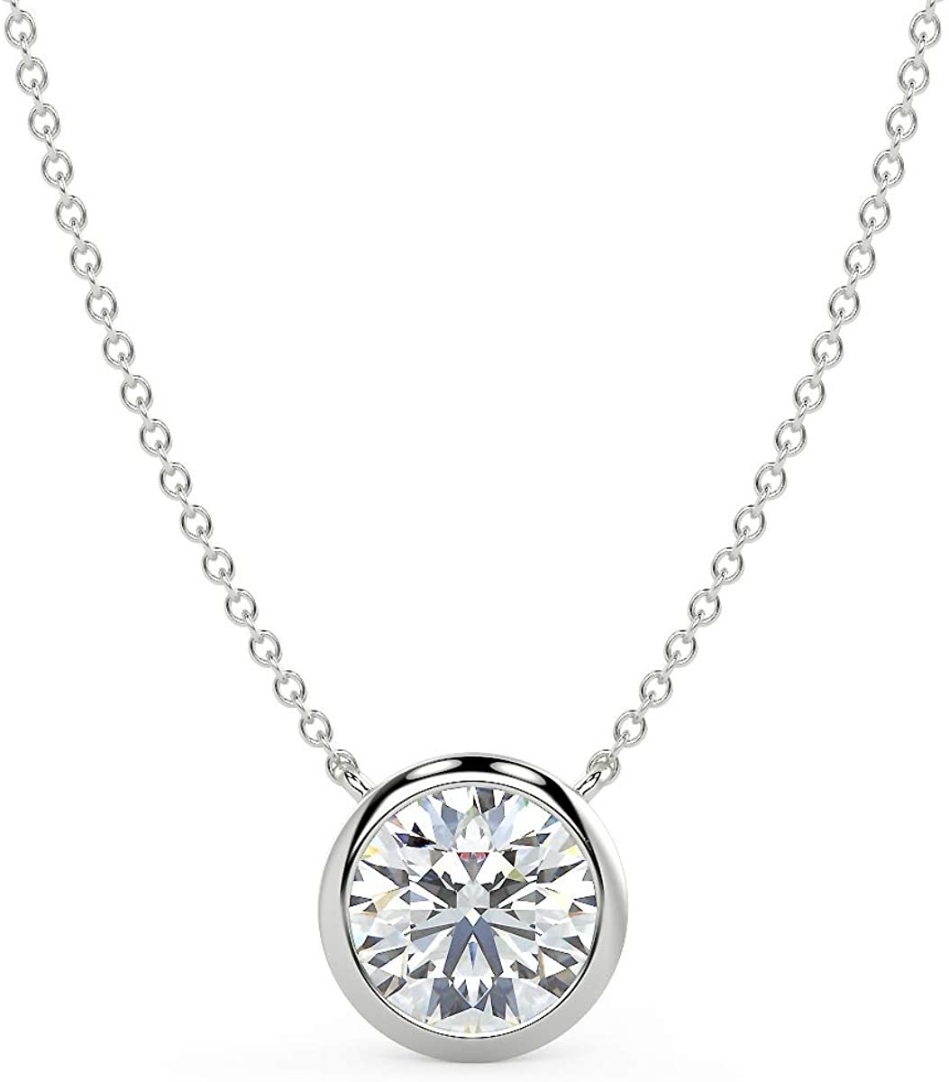 IGI Certified 14K White Gold 1.0 or 1-1/2 Carat Round Brilliant-Cut Lab Created Diamond Bezel-Set Solitaire Pendant Necklace (I-J Color, VS1-VS2 Clarity), 18"