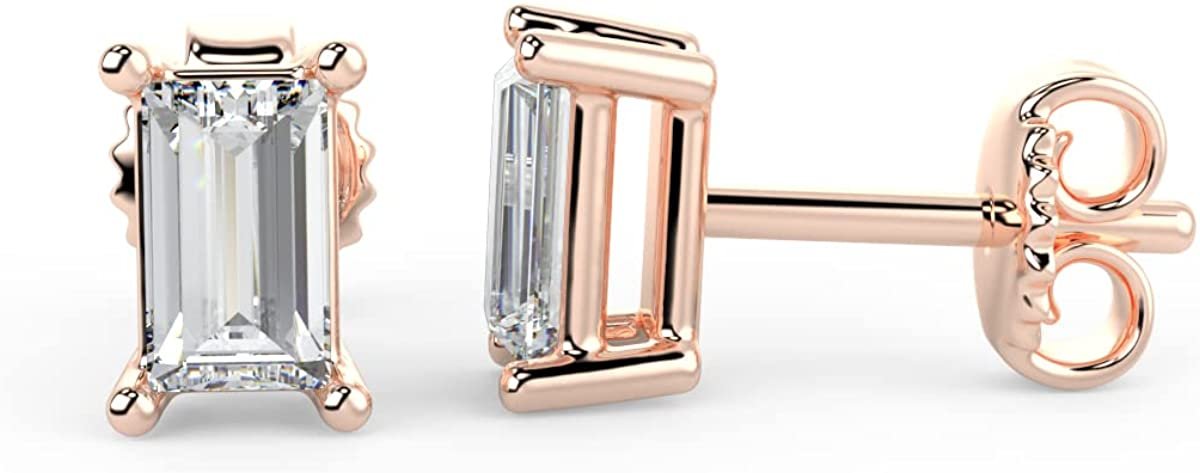 IGI Certified 1/2 Cttw Emerald Cut Lab Grown Diamond 14K Gold 4-Prong Pushback Stud Earrings (G-H Color, VS1-VS2 Clarity) - Choice of Gold Color
