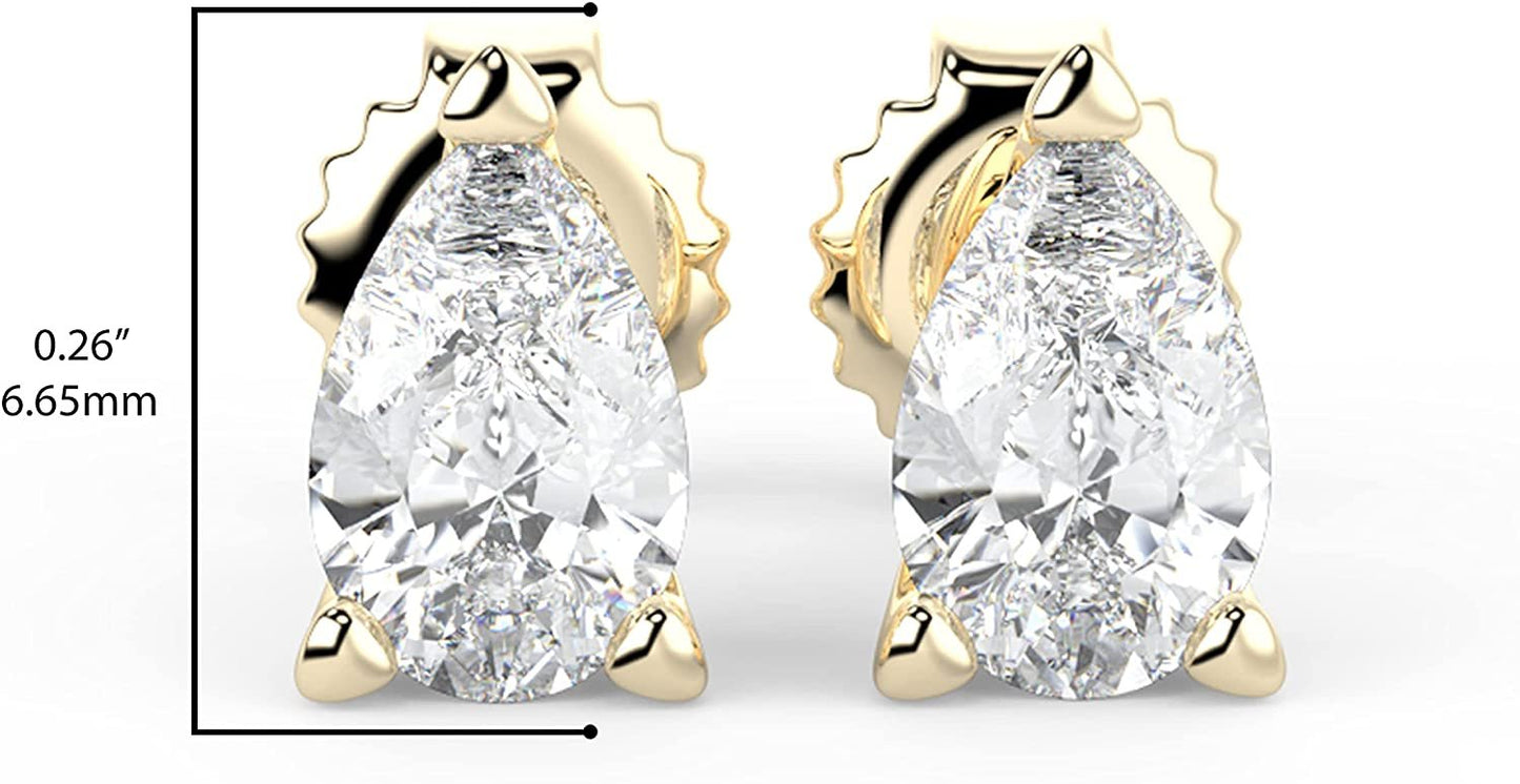 IGI Certified 1/2 Cttw Pear Cut Lab Grown Diamond 14K Gold 3-Prong Pushback Stud Earrings (G-H Color, VS1-VS2 Clarity) - Choice of Gold Color