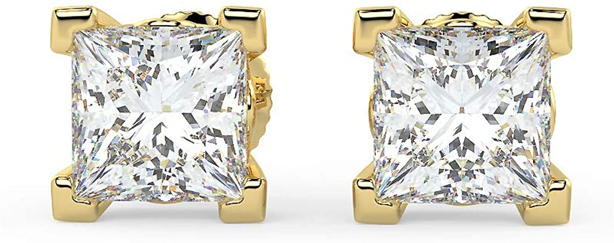 Certified 1.0 Cttw Near Colorless Square Princess Cut Lab Created Diamond Classic Square Four-Prong Stud Earrings (G-H Color, VS1-VS2 Clarity) - 14K Yellow Gold