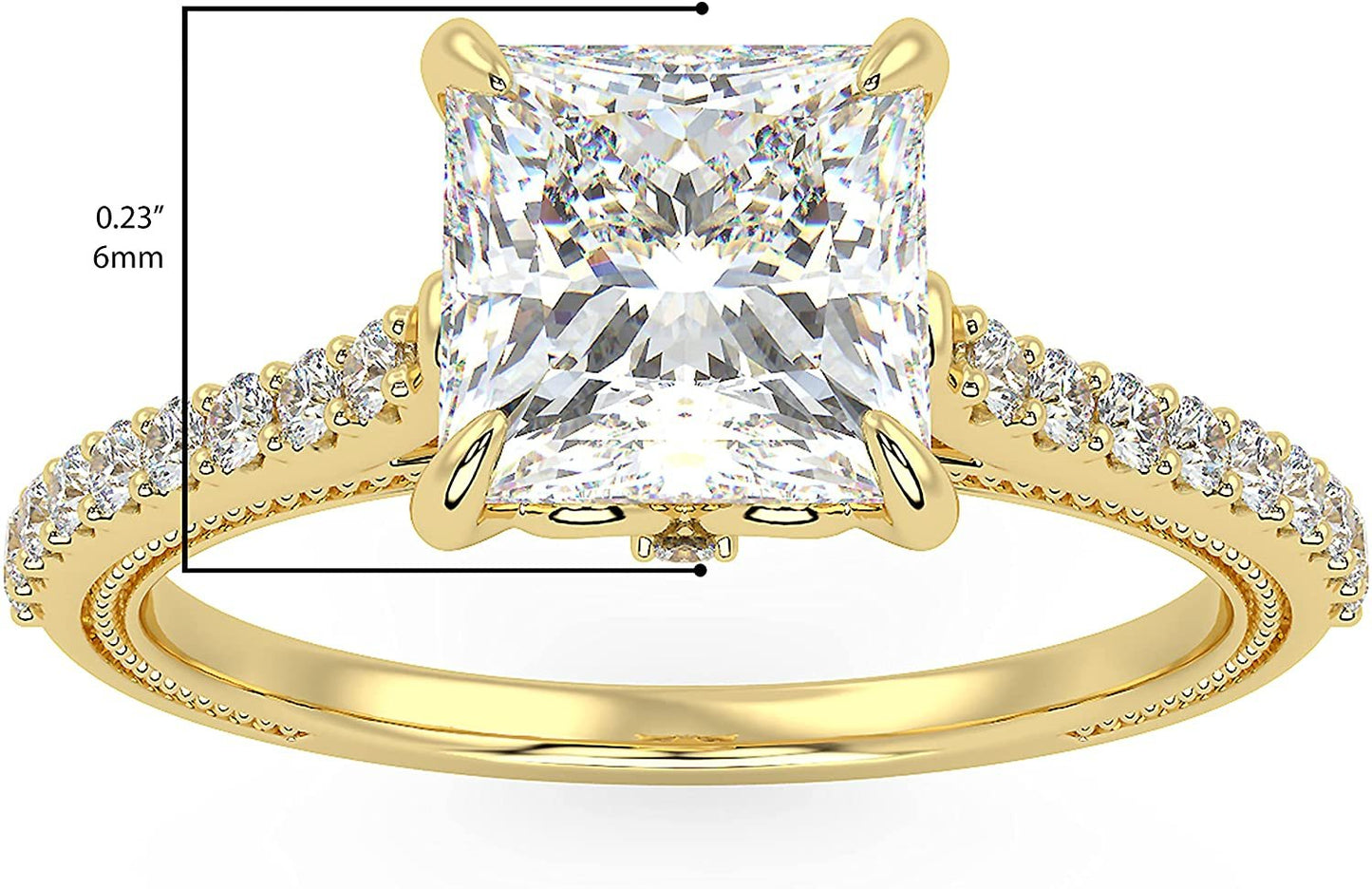 IGI Certified 14K Yellow Gold Princess-Cut Lab Created Diamond Engagement Ring with Pavé Band (1.5 or 2.0 Carat Center Stone: G-H Color, VS1-VS2 Clarity)