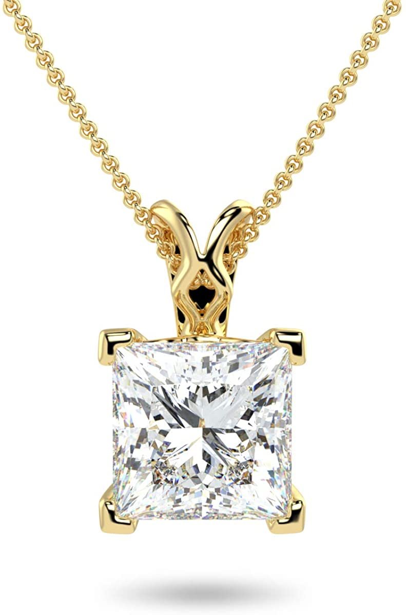 IGI Certified 14K Gold 1/2 or 1.0 Carat Square Princess-Cut Lab Created Diamond X-Bail Solitaire Pendant Necklace (G-H Color, VS1-VS2 Clarity), 18" - Choice of Gold Color