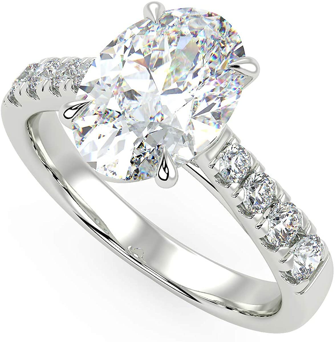 IGI Certified 14K Gold Oval-Shape Lab Created Diamond Engagement Ring with Pavé Set Band (1-1/2 Carat Center Stone: G-H Color, VS1-VS2 Clarity) - Choice of Gold Color