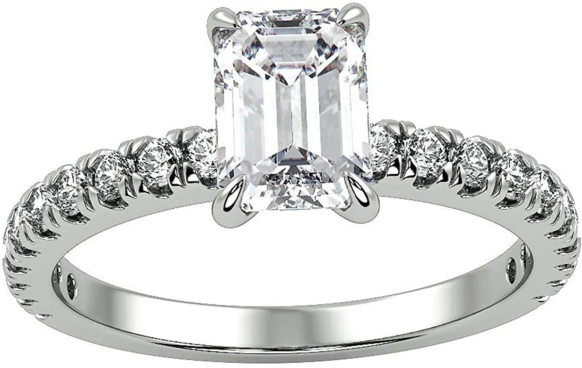 IGI Certified 14K White Gold 2-1/3 Cttw Emerald-Cut Lab Created Diamond Rectangle Solitaire Engagement Ring with Pavé Band (2.0 Carat Center Stone: G-H Color, VS1-VS2 Clarity) - Size 7