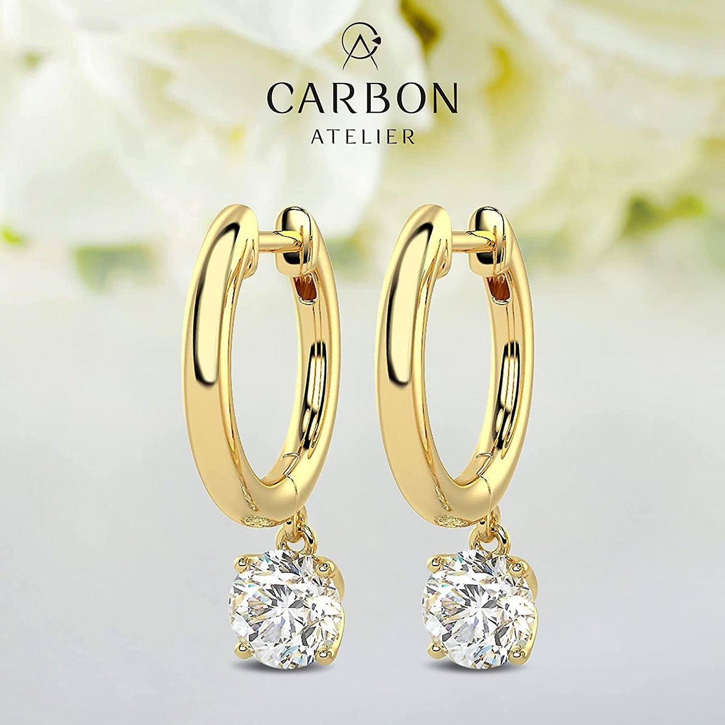 14K Gold Huggie Hoop Earrings with 1/2 to 2/3 Cttw Round Brilliant-Cut Lab Created Diamond Four Prong Set Drops (G-H Color, VS1-VS2 Clarity) - Choice of 14K Gold Color