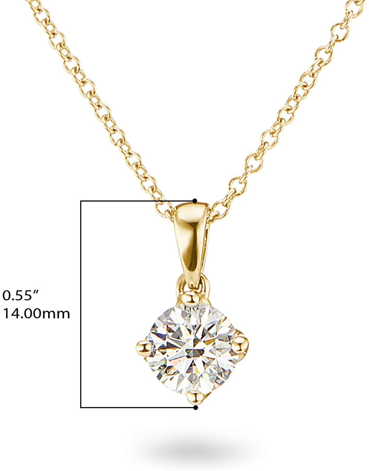 IGI Certified 14K Gold 1/4 to 2.0 Carat Round Brilliant Cut Lab Created Diamond Solitaire Pendant Necklace (G-J Color, VS1-SI2 Clarity), 18" - Choice of Carat & Gold Color