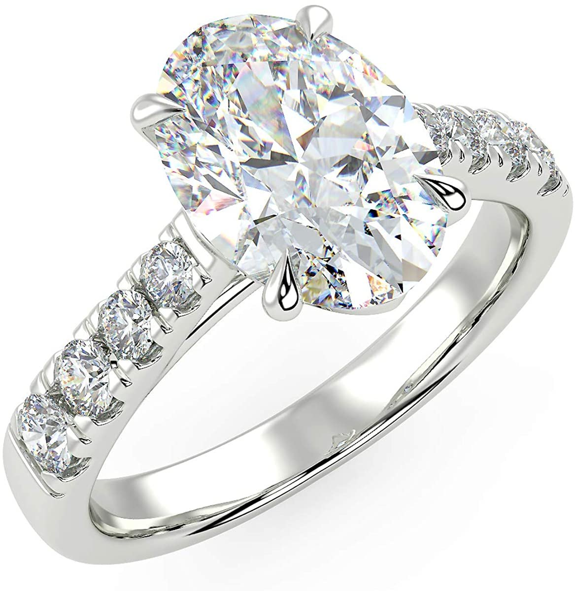 IGI Certified 14K Gold Oval-Shape Lab Created Diamond Engagement Ring with Pavé Set Band (1-1/2 Carat Center Stone: G-H Color, VS1-VS2 Clarity) - Choice of Gold Color