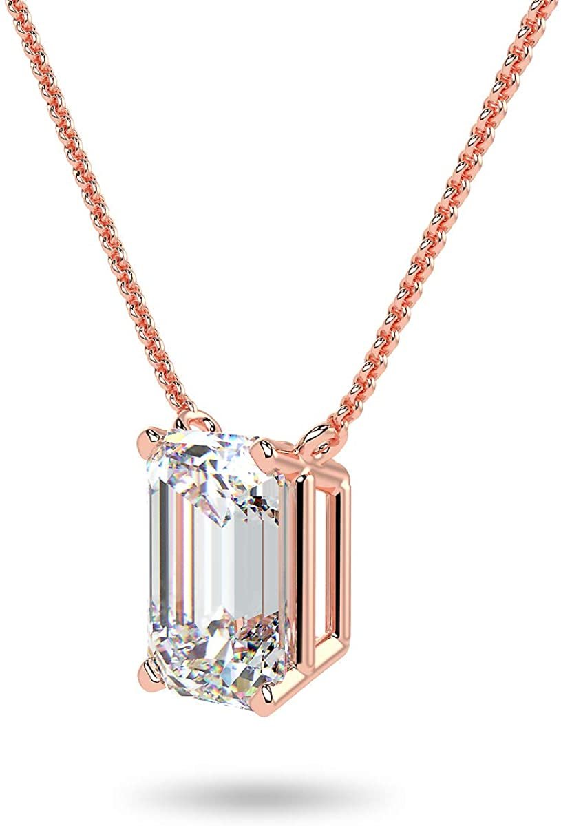 IGI Certified 14K Gold 1/3 to 1-1/2 Carat Rectangular Emerald-Cut Lab Grown Diamond Suspended Solitaire Pendant Necklace (G-H Color, VS1-VS2 Clarity), 18" - Choice of Gold Color, Weights
