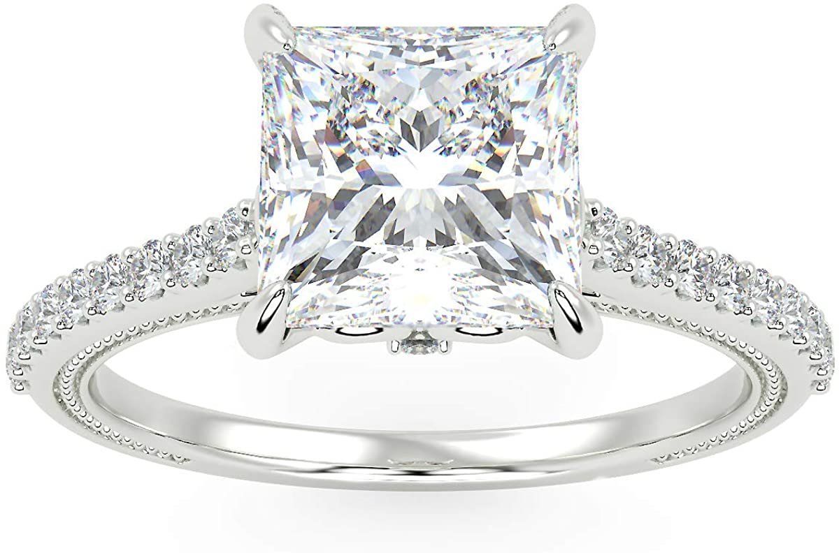 IGI Certified 14K White Gold 2-1/5 Cttw Princess-Cut Lab Created Diamond Square Solitaire Engagement Ring with Pavé Band (2.0 Carat Center Stone: G-H Color, VS1-VS2 Clarity) - Size 7