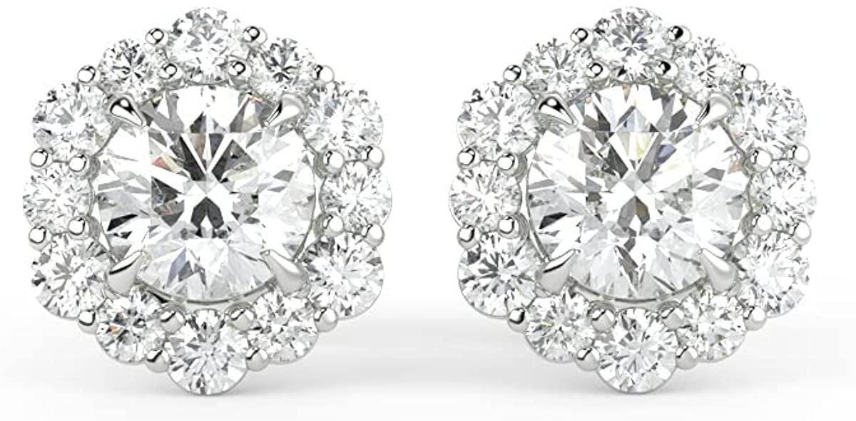 IGI Certified 14K Gold 1.0 Cttw Brilliant-Cut Lab Created Diamond Halo Earrings Pavé-Set (G-H Color, VS1-VS2 Clarity) - Choice of Gold Color