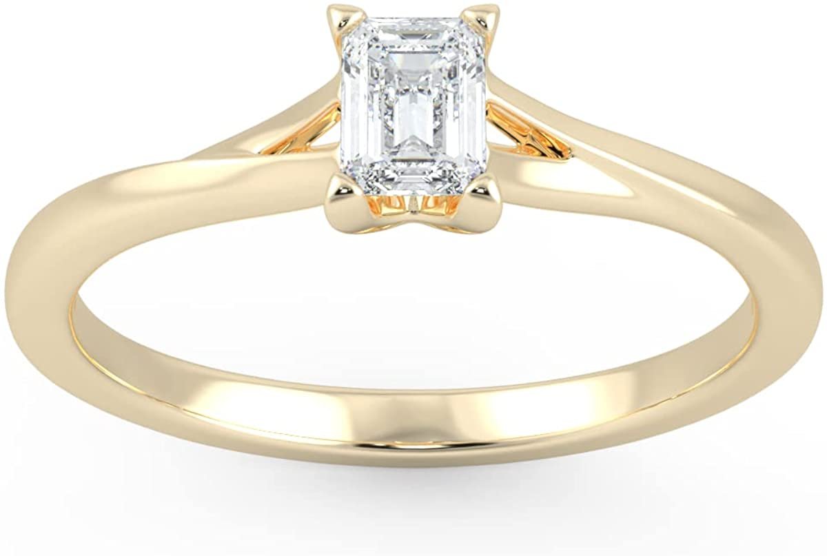 IGI Certified 1/4 Ct Emerald Cut Lab Grown Diamond 14K Gold Split Shank Solitaire Engagement Ring (G-H Color, VS1-VS2 Clarity) - Choice of Gold Color