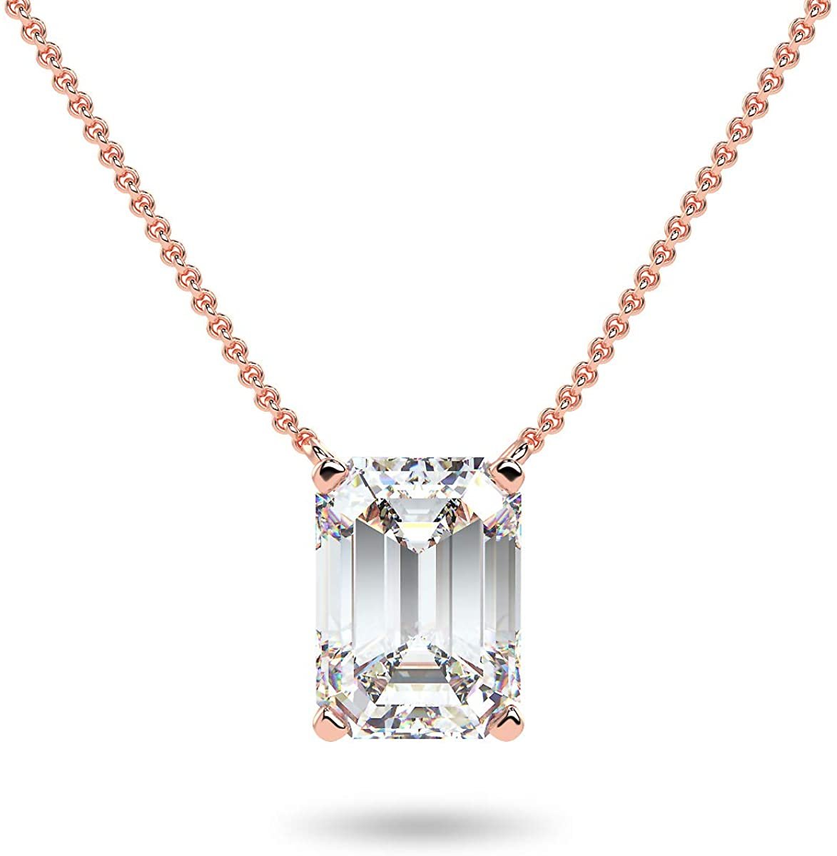 IGI Certified 14K Gold 1/3 to 1-1/2 Carat Rectangular Emerald-Cut Lab Grown Diamond Suspended Solitaire Pendant Necklace (G-H Color, VS1-VS2 Clarity), 18" - Choice of Gold Color, Weights