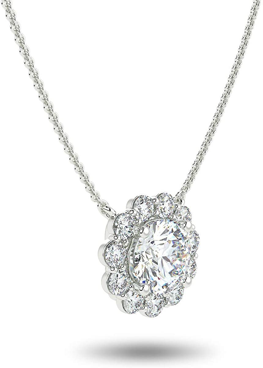 IGI Certified 14K Gold 1-5/8 Cttw Round Brilliant Cut Lab Created Diamond Flower Halo Pendant 18" Necklace (I-J Color, VS1-VS2 Clarity) - Choice of Gold Color