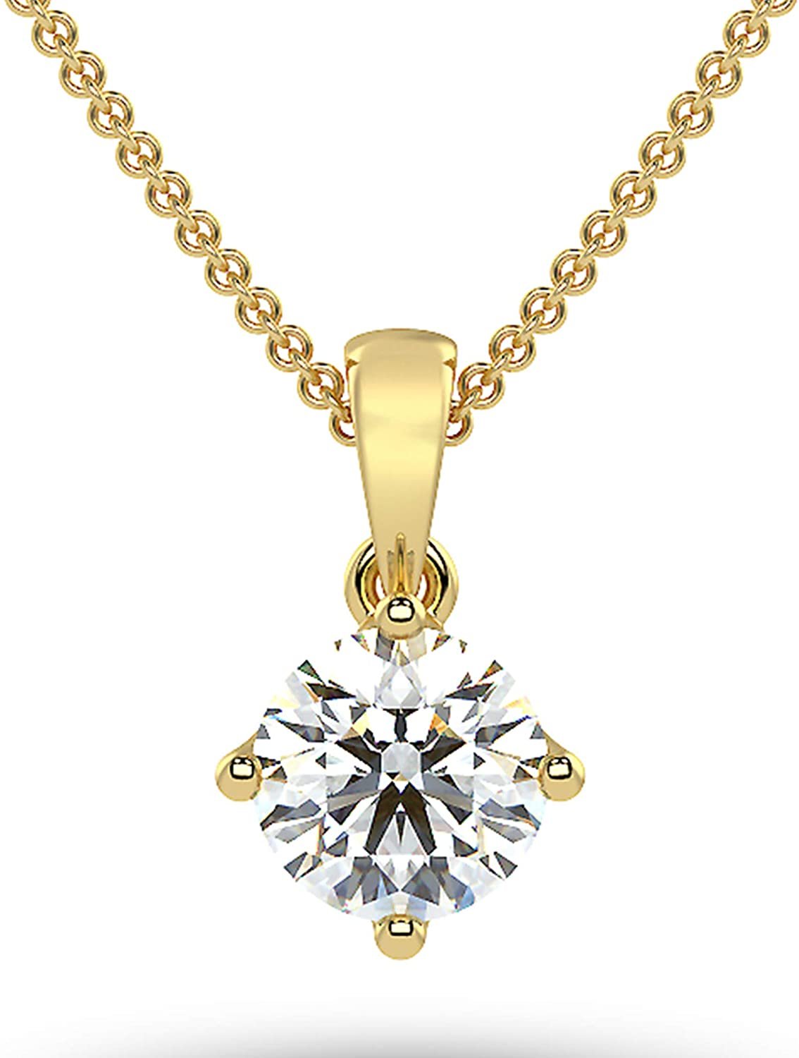 IGI Certified 14K Gold 1/4 to 2.0 Carat Round Brilliant Cut Lab Created Diamond Solitaire Pendant Necklace (G-J Color, VS1-SI2 Clarity), 18" - Choice of Carat & Gold Color