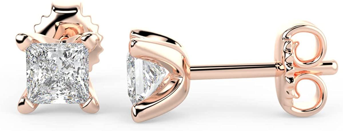 IGI Certified 1/2 Cttw Princess Cut Lab Grown Diamond 14K Gold 4-Prong Pushback Stud Earrings (G-H Color, VS1-VS2 Clarity) - Choice of Gold Color