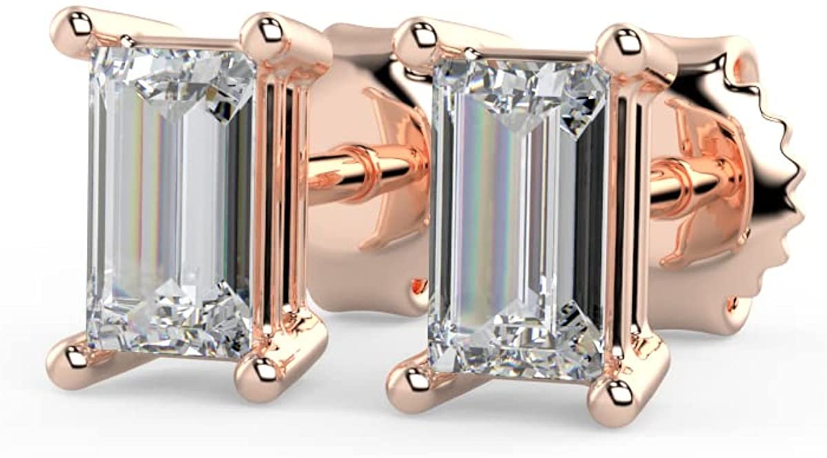 IGI Certified 1/2 Cttw Emerald Cut Lab Grown Diamond 14K Gold 4-Prong Pushback Stud Earrings (G-H Color, VS1-VS2 Clarity) - Choice of Gold Color