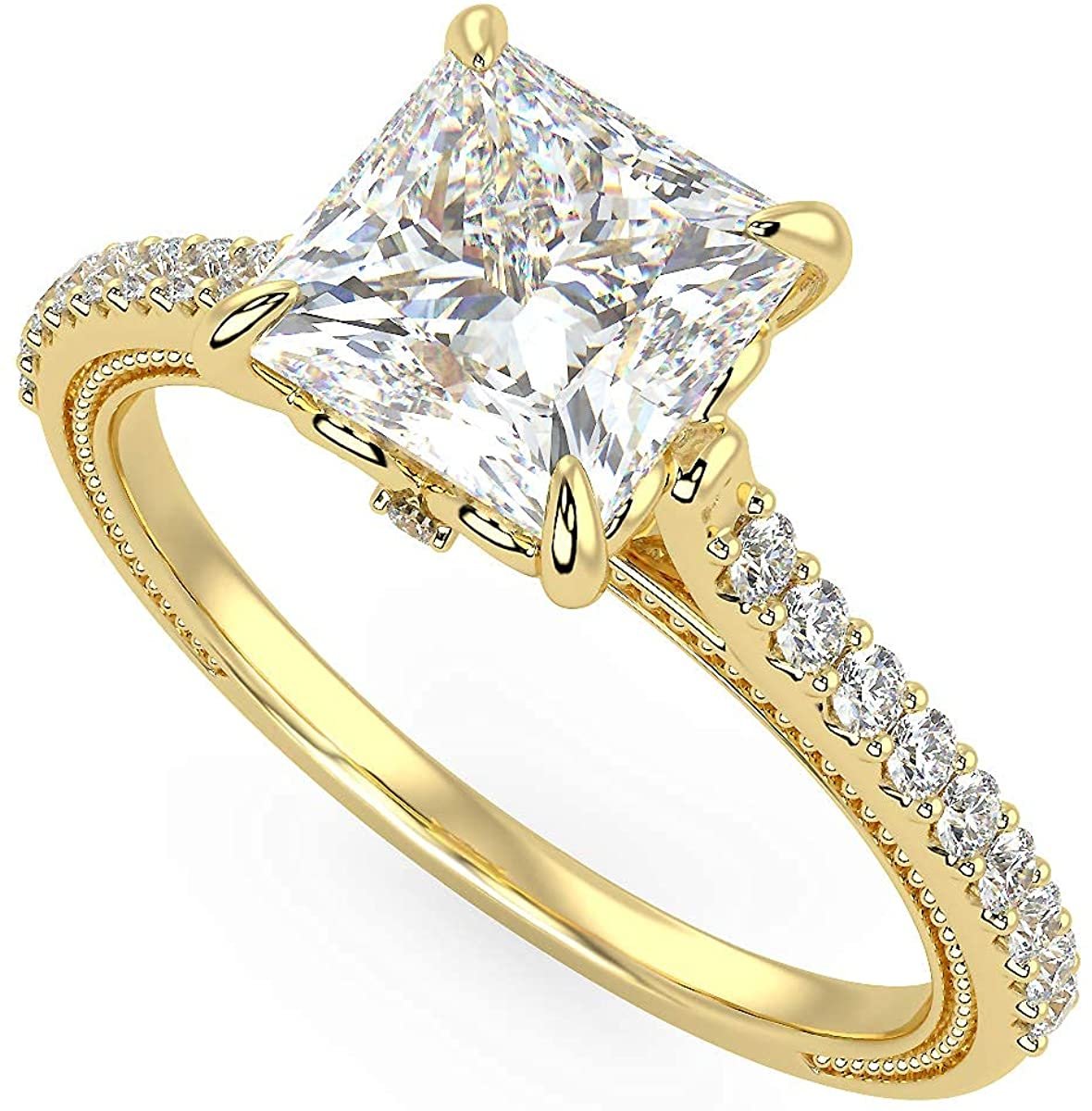 IGI Certified 14K Yellow Gold Princess-Cut Lab Created Diamond Engagement Ring with Pavé Band (1.5 or 2.0 Carat Center Stone: G-H Color, VS1-VS2 Clarity)