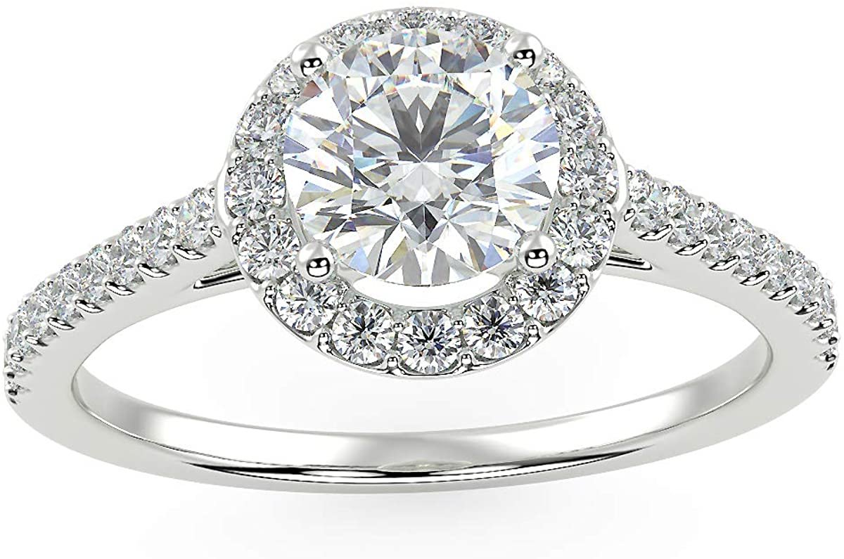IGI Certified 14K White Gold 1.05 Cttw Round Brilliant-Cut Lab Created Diamond Halo Engagement Ring with Micro Pavé Band (Center Stone: G-H Color, VS1-VS2 Clarity) - Size 8.5