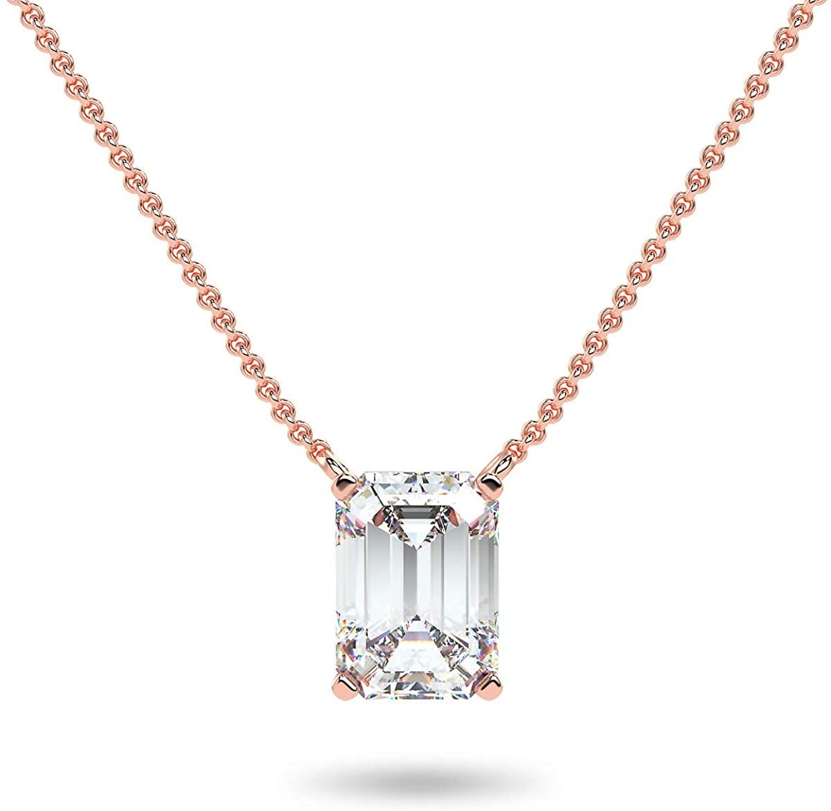 IGI Certified 14K Gold 1/3 to 1-1/2 Carat Rectangular Emerald-Cut Lab Grown Diamond Suspended Solitaire Pendant Necklace (G-H Color, VS1-VS2 Clarity), 18" - Choice of Gold Color, Weights