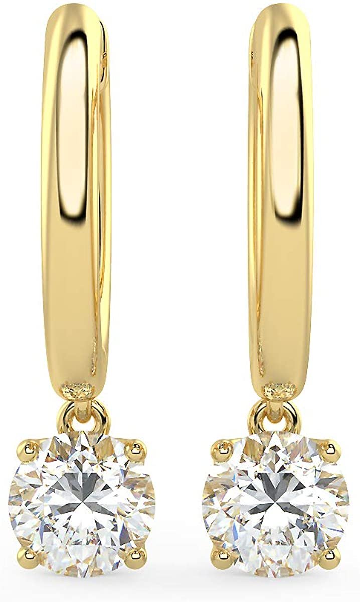 14K Gold Huggie Hoop Earrings with 1/2 to 2/3 Cttw Round Brilliant-Cut Lab Created Diamond Four Prong Set Drops (G-H Color, VS1-VS2 Clarity) - Choice of 14K Gold Color