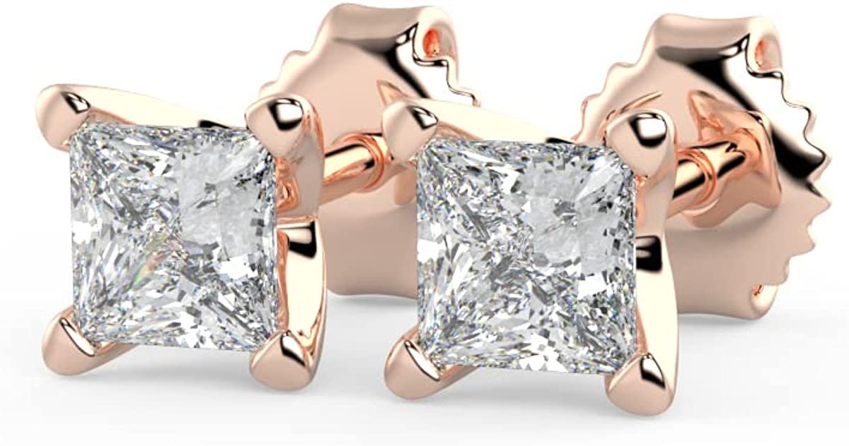 IGI Certified 1/2 Cttw Princess Cut Lab Grown Diamond 14K Gold 4-Prong Pushback Stud Earrings (G-H Color, VS1-VS2 Clarity) - Choice of Gold Color