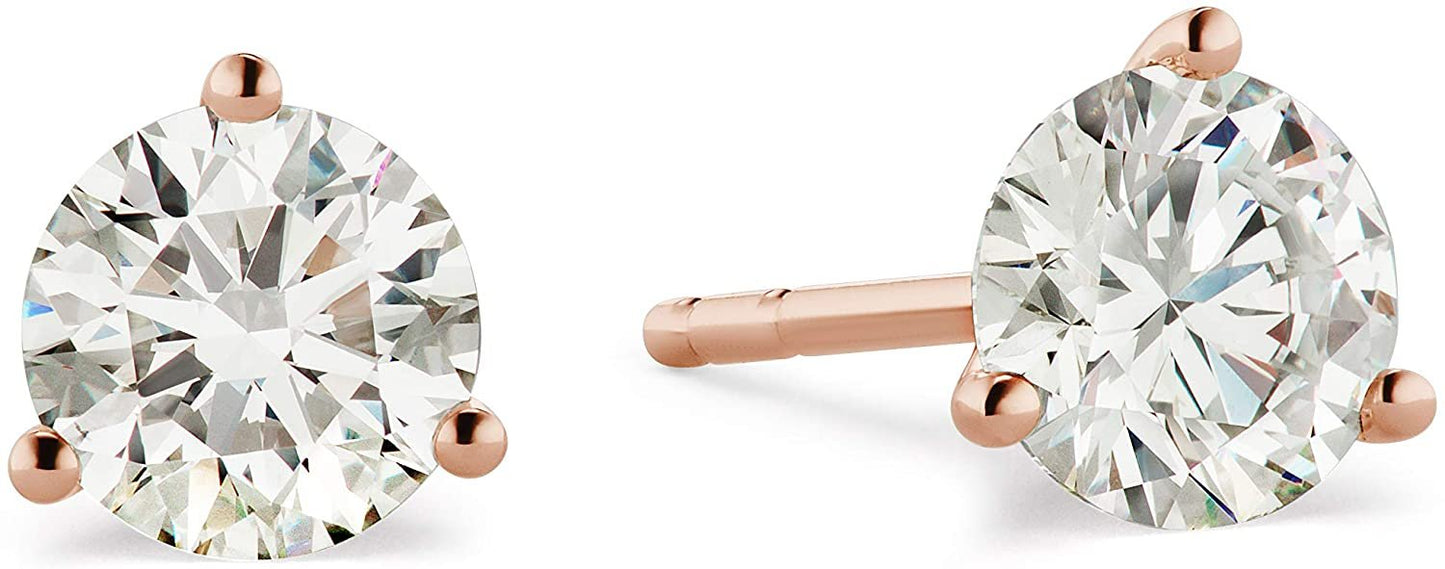 IGI Certified 14K Gold 2.0 to 3.0 Cttw Round Brilliant-Cut Lab Created Diamond Martini-Set 3-Prong Stud Earrings (J-K Color, SI2-I1 Clarity) - Choice of Gem Weight, Gold Color